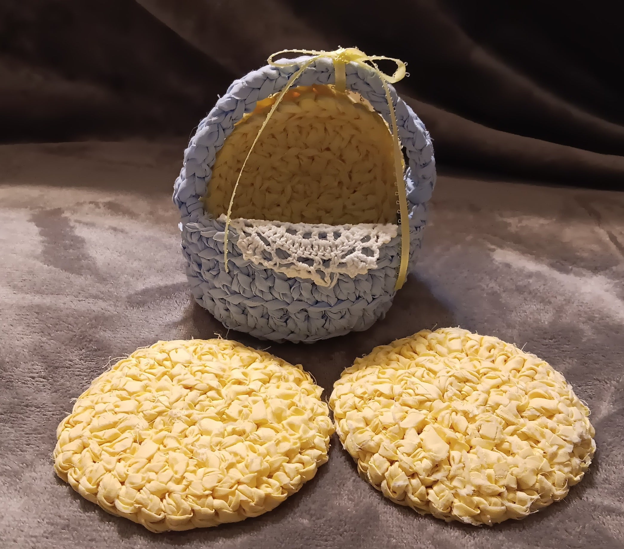 Handmade Yellow Coasters in Blue Basket