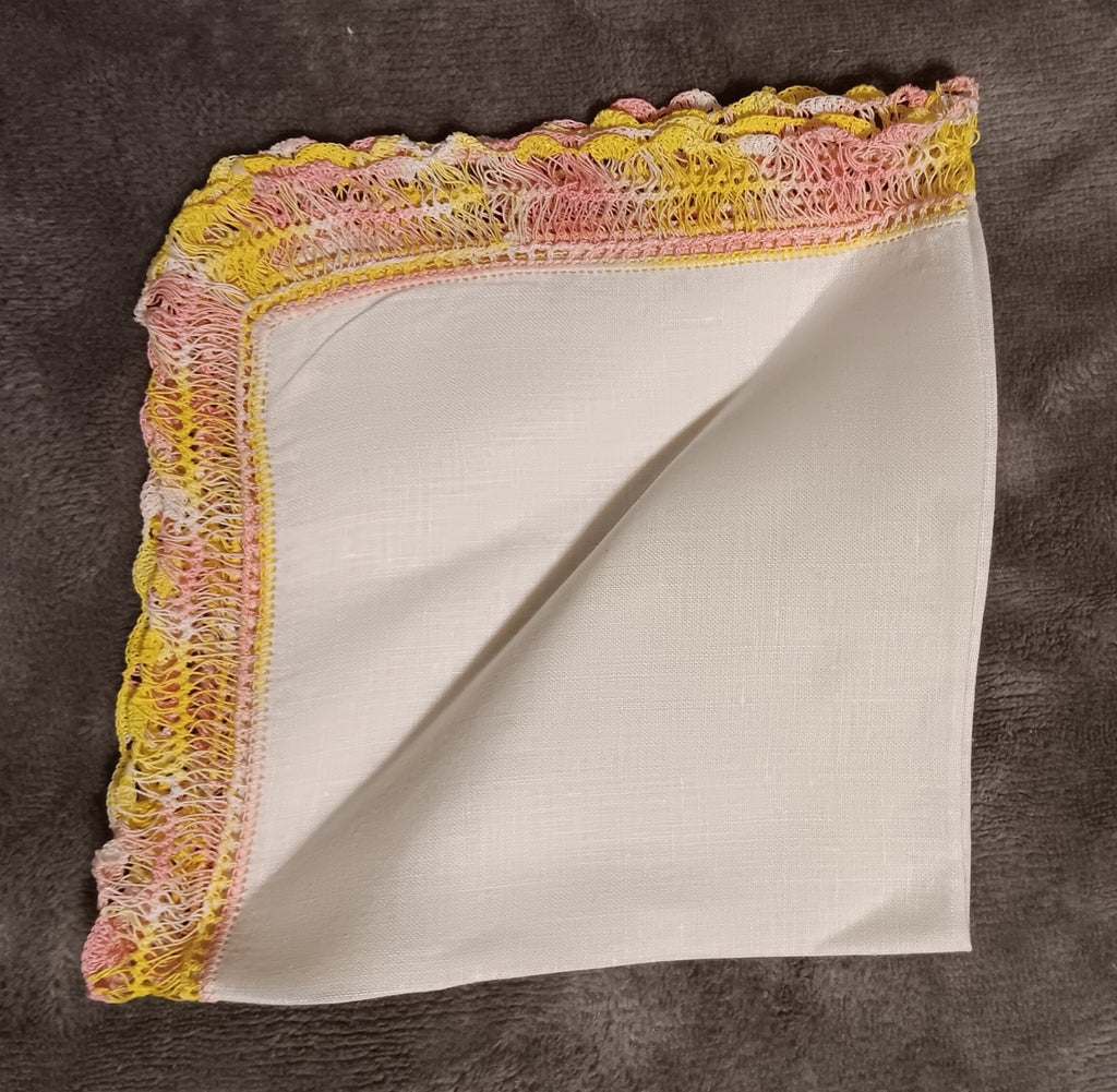 White handkerchief with pink and yellow lace