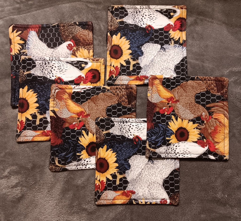 Chicken and sunflower coasters, set of 6
