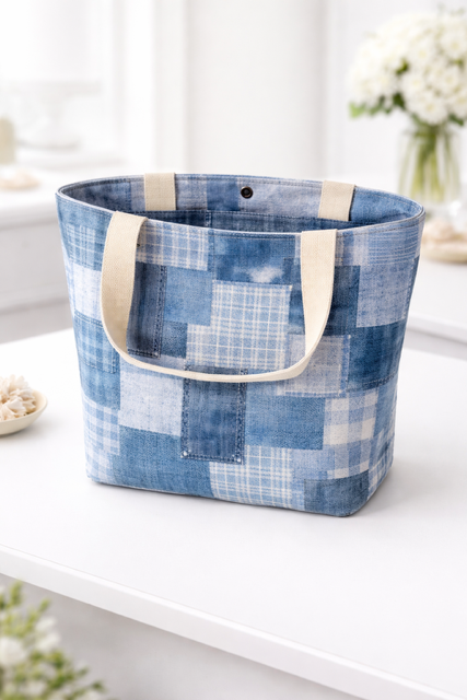 Denim print 8 pocket Organizer tote